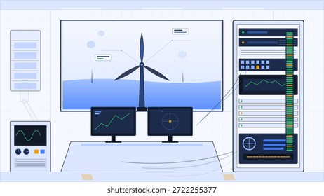 Un centro de control muestra dos pantallas con turbinas eólicas marinas de rastreo de datos. Una turbina de viento se encuentra fuera de la ventana. El equipo monitorea la salida de energía y los datos de rendimiento.