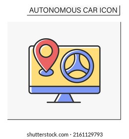 Control color icon. Self-driving car controlled by wifi on computer. Autopilot. Track location. Autonomous car concept. Isolated vector illustration