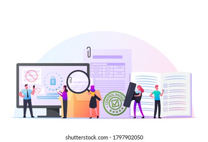 Concepto de control. Pequeños caracteres con documento y amplificador en una enorme computadora que controla la calidad de los bienes. Acceso de seguridad de Internet, Docs de verificación del Comité de Inventario. Ilustración de vectores de personas de caricatura