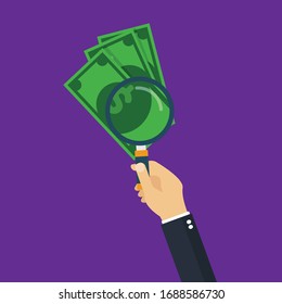 control of counterfeit money.Money inspection concept. Hand holding magnifying glass over a money bill.Conceptual vector illustration in flat style design.Isolated on background.