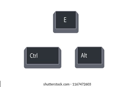 Control (Ctrl), Alternate (Alt) and E computer key button vector isolated on white background.