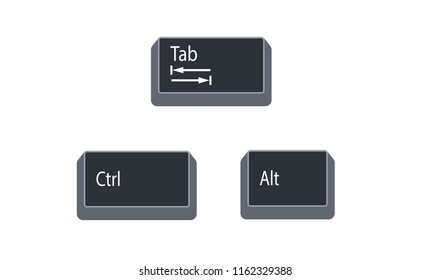 Control (Ctrl), Alternate (Alt) and Tab computer key button vector isolated on white background. Ctrl+Alt+Tab use for as the arrow keys to switch between all open apps.