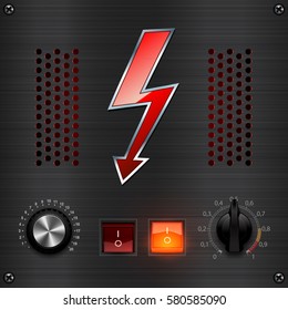 Control dashboard  with the sign of lightning. Control dashboard. Vector audio VU meters. Audio equipment. Switcher, Button, Knobs, Lamps. UI Kit, audio equipment