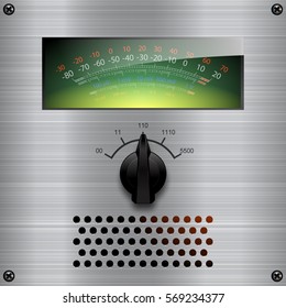 Control  dashboard. Vector audio VU meters. Audio equipment. Switcher, Button, Knobs, Lamps. UI Kit, audio equipment