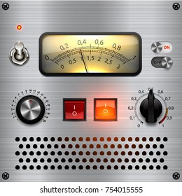 Control dashboard. Vector audio VU meters. Audio equipment. Switcher, Button, Knobs, Lamps. UI Kit, audio equipment