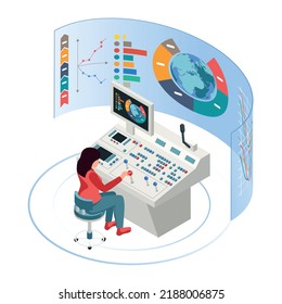 Control desk isometric concept with data and charts symbols vector illustration