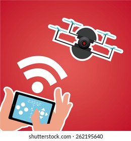 Control drone four helix from smart phone on red background