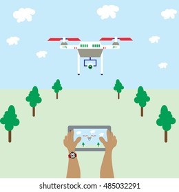 control drone.  Vector banners with flying Quadrocopters in flat style.
Vector set of drone flying badges, design elements.
Flat design vector illustration of remote controlled drone with camera
