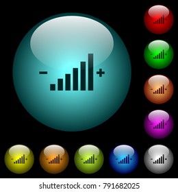 Control element icons in color illuminated spherical glass buttons on black background. Can be used to black or dark templates