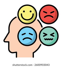 Control emotion color icon, featuring a human head with emotion emojis, designed with round editable stroke