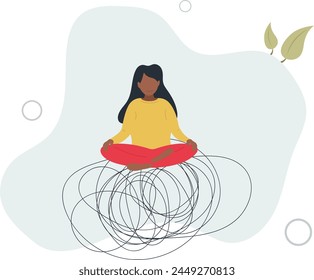 control emotion during problem solving or frustration work concept, woman in lotus meditation on chaos mess line with positive energy.