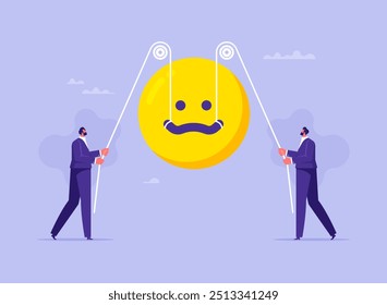 Control emotion or expression concept, emotional intelligence manage positive way to solve problem and conflict, businessman with string to control scowling to smile face