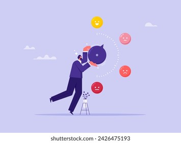 Control emotions concept, businessman turns switch on measurement scale in direction of good mood, positive thinking, scale for measuring stress and mood