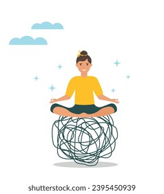 Control of emotions in a stressful situation. Calm woman in a lotus position sits on changing chaotic lines. Stress management, meditation to reduce anxiety. Vector illustration.