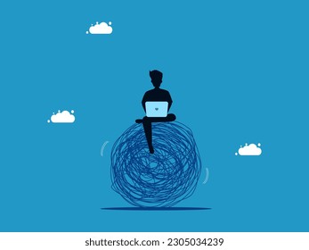 Control emotions while solving difficulties. Businessman balances chaos with laptop 