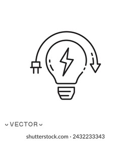 icono de control de consumo de energía, reducción del consumo de electricidad, bombilla de ahorro de energía inteligente, símbolo de línea delgada aislado sobre fondo blanco, trazo editable eps 10 ilustración vectorial