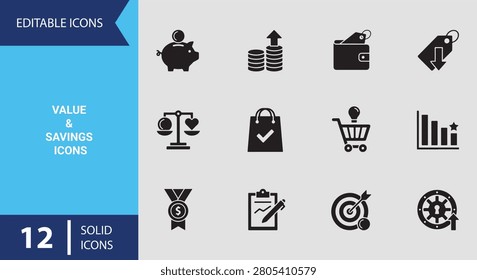 Control enterprise funds with this solid value savings glyph icon bundle built for strategic capital preservation corporate asset valuation and budgeting optimization