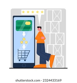 Control of expenses for daily purchases. Application for tracking money spending. Male character votes for app in store. Electronic money transfer. Monthly reports on personal credit card purchases