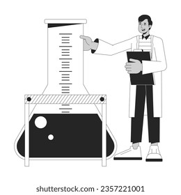 Control of experiment bw concept vector spot illustration. Excited chemist holding big flask 2D cartoon flat line monochromatic character for web UI design. Editable isolated outline hero image