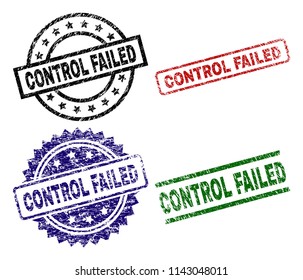 CONTROL FAILED seal prints with damaged style. Black, green,red,blue vector rubber prints of CONTROL FAILED text with retro style. Rubber seals with round, rectangle, medal shapes.