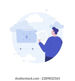Control files download on cloud circle flat concept vector illustration. Business database cartoon character on white background for web design. Creative idea for website, mobile, presentation