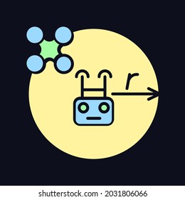 Control flight radius RGB color manual label icon for dark theme. Isolated vector illustration on night mode background. Simple filled line drawing on black for product use instructions