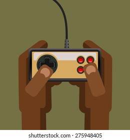 To control the game console. Keep hands on the joystick. Vector illustration.