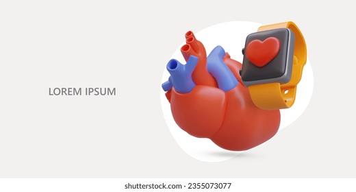 Control of heart rate, pulse. Smart watch with medical functions. Bracelet for patient. Personal gadget with cardio control. Horizontal advertising banner, 3D illustration, text