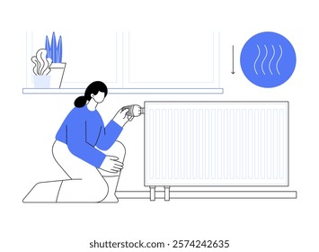 Control heating isolated cartoon vector illustrations. Woman turns off a heating at home, saving electricity idea, people eco-friendly lifestyle, world reserves limit vector cartoon.