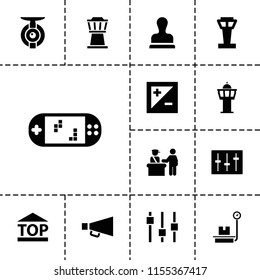 Control icon. collection of 13 control filled icons such as airport tower, top of cargo box, sliders, light exposure. editable control icons for web and mobile.