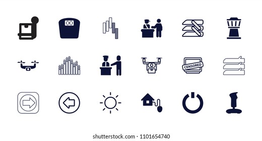 Control icon. collection of 18 control filled and outline icons such as joystick, smart home, switch off, arrow left, medical drone. editable control icons for web and mobile.