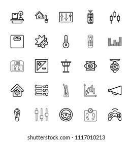 Control icon. collection of 25 control outline icons such as airport tower, megaphone, wheel, floor scales, luggage weight, sliders. editable control icons for web and mobile.