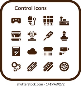 control icon set. 16 filled control icons.  Collection Of - Games, Tampon, Seat, Control tower, Arcade game, Eye scan, Hot dog, Stamp, List, Cloud, Flea, Security camera, Handcuffs