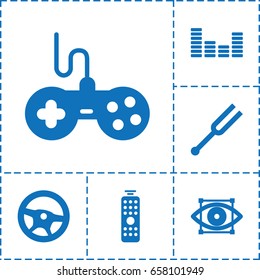 Control icon. set of 6 control filled icons such as joystick, equalizer, tonometer, remote control, eye scan