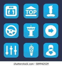 control icon. Set of 9 filled control icons such as arrow right, airport tower, floor scales, top of cargo box, remote control, censored woman, joystick, wheel