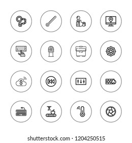 Control icon set. collection of 16 outline control icons with cloud, game, equalizer, handcuffs, helm, joystick, freezer, firewall, keyboard, mechanical arm, previous icons.