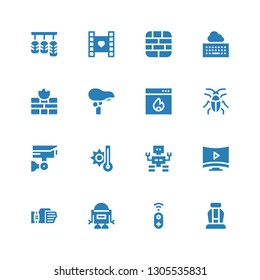 control icon set. Collection of 16 filled control icons included Seat, Controller, Robot, Sensor, Smart tv, Temperature, Cctv, Cockroach, Firewall, Keyboard, Video, Pedals