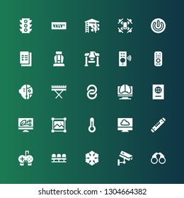 control icon set. Collection of 25 filled control icons included Handcuffs, Cctv, Freezer, Seats, Gamepads, Level, Cloud, Thermometer, Resize, Screen, Passport, Artificial intelligence