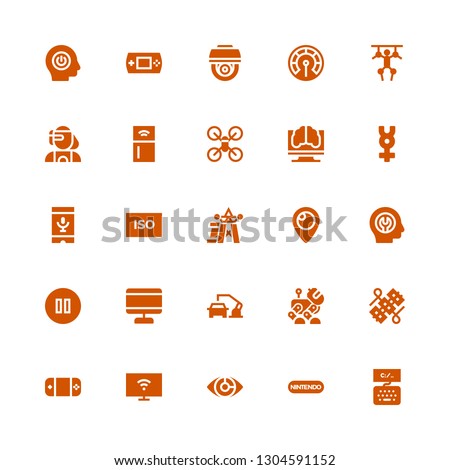 control icon set. Collection of 25 filled control icons included Keyboard, Nintendo, Eye scan, Smart tv, Gamepad, Wires, Robot, Robot arm, Screen, Pause, Fixed, Periscope, Power