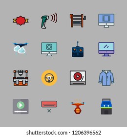 control icon set. vector set about steering wheel, industrial robot, video player and barcode scanner icons set.