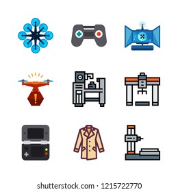 control icon set. vector set about industrial robot, video console, coat and remote control icons set.