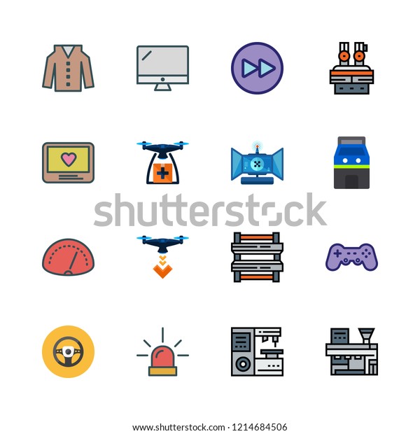 control icon set. vector set about\
arcade, siren, drone and industrial robot icons\
set.