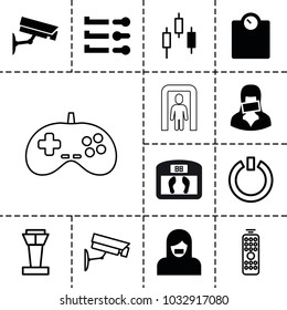 Control icons. set of 13 editable filled and outline control icons such as floor scale, censored woman, slider, security camera, airport tower, switch off, floor scales