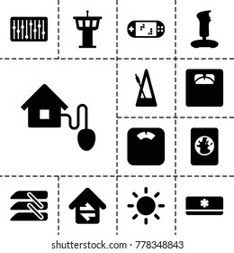 Control icons. set of 13 editable filled control icons such as airport tower, joystick, floor scales, slider, metronome, blinds, contrast, home connection, smart home