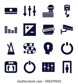 control icons set. Set of 16 control filled icons such as metal gate detector, airport tower, floor scales, censored, equalizer, sliders, metronome, light exposure