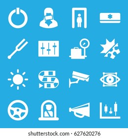 Control icons set. set of 16 control filled icons such as metal gate detector, airport officer, lugagge weight, megaphone, censored woman, sliders, tonometer, contrast