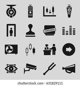 Control icons set. set of 16 control filled icons such as metal gate detector, arrow right, stamp, megaphone, equalizer, censored, tonometer, air conditioner, eye scan