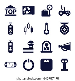 Control icons set. set of 16 control filled icons such as airport tower, airport officer, lugagge weight, joystick, megaphone, top of cargo box, air conditioner, temperature