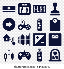 Control icons set. set of 16 control filled icons such as airport officer, arrow right, joystick, floor scales, stamp, slider, equalizer, light exposure, smart home