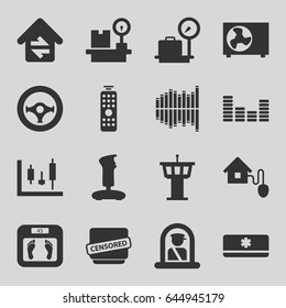 Control icons set. set of 16 control filled icons such as airport officer, lugagge weight, airport tower, floor scales, censored, equalizer, home connection, smart home